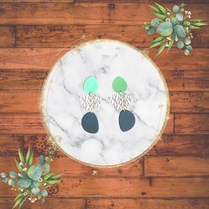 Green, Blue, and Leaf Print Hanging Earrings